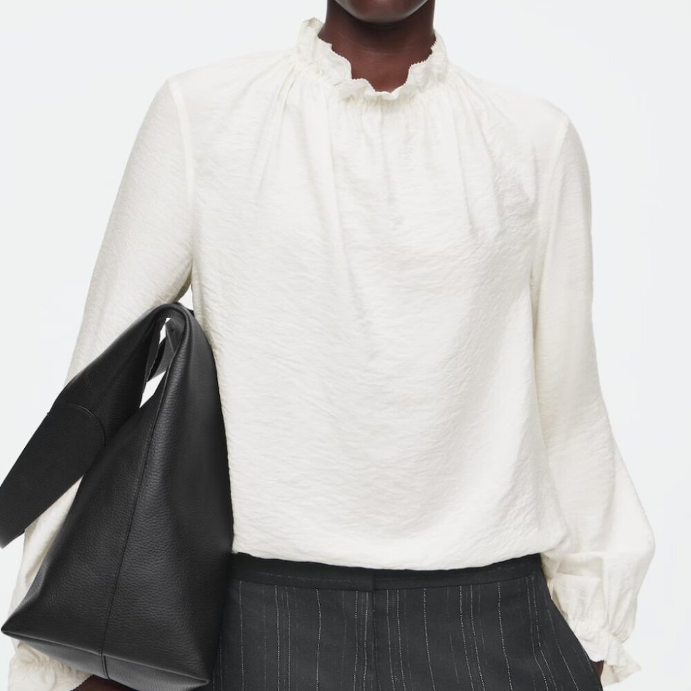COS RUFFLED HIGH-NECK BLOUSE IN WHITE, SIZE 6